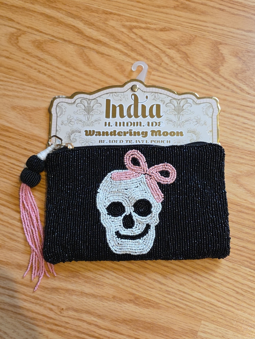 India Handmade Black Beaded Skull Travel Pouch